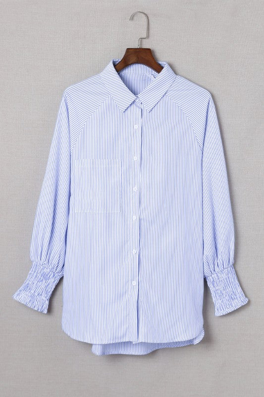 Stripe Smocked Long Sleeve Button-Up Shirt