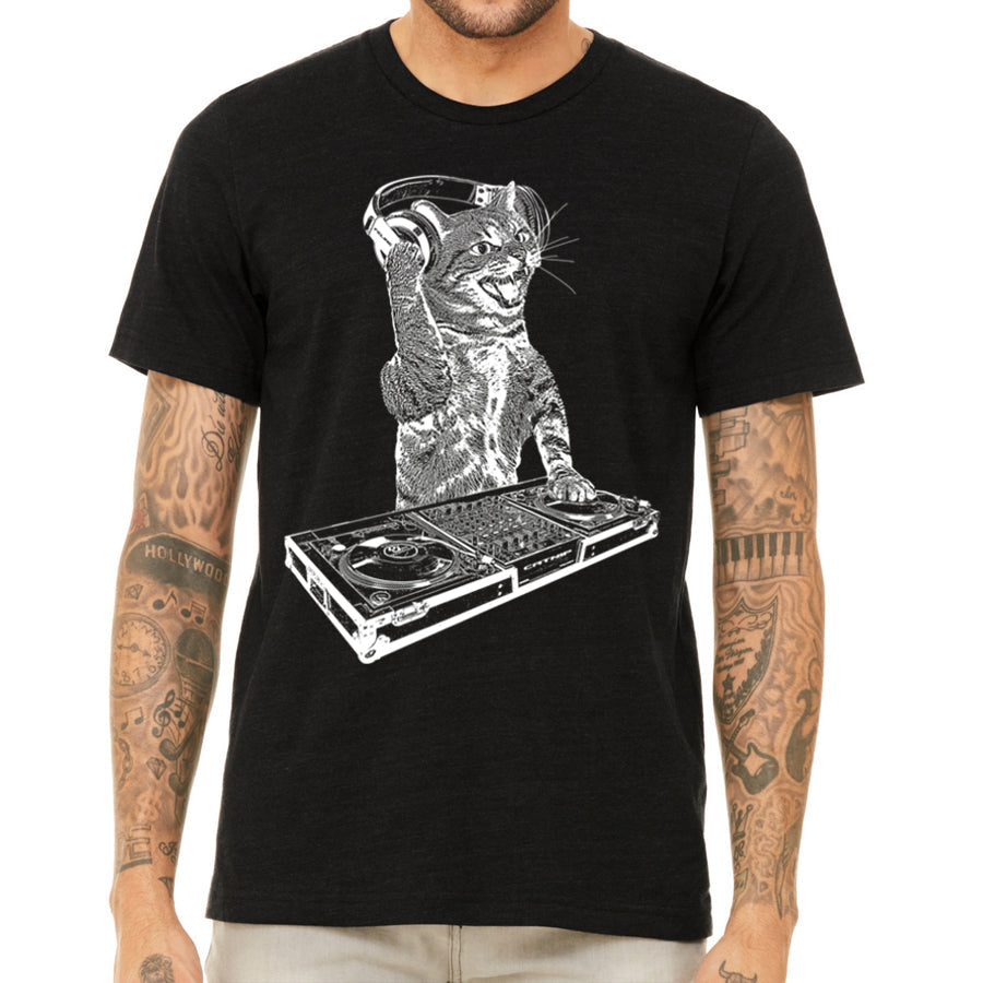 Cat DJ Tshirt, Men's Kitten Disc Jockey Design, Dance Party Animal- Cat Lover Gift Tee