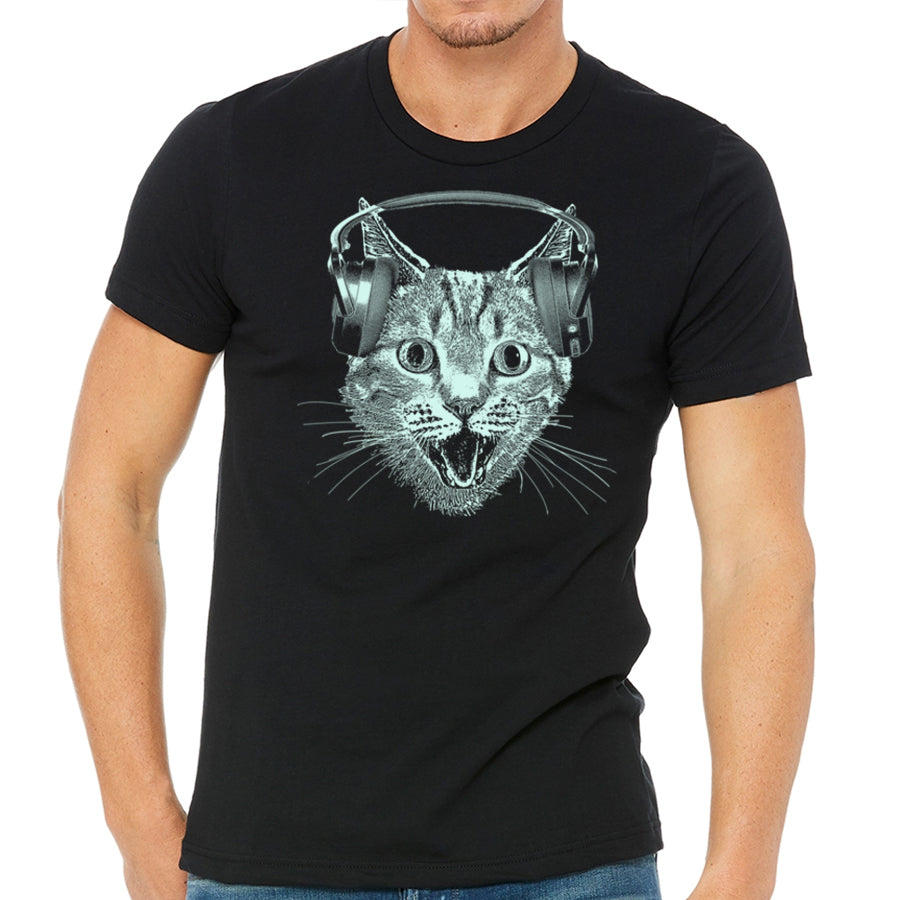 Cat Wearing Headphones Men's Tshirt- Cat DJ Shirt For Men and Boys- Music Lover Kitty Design- Funny Feline Graphic Tee