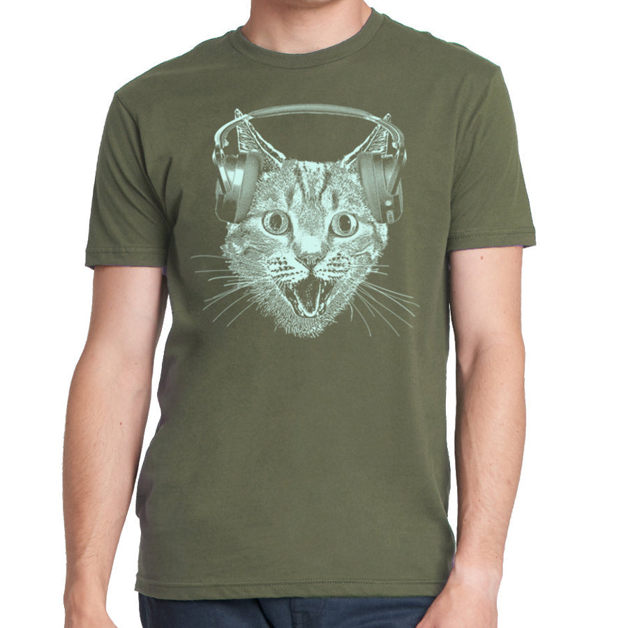Cat Wearing Headphones Men's Tshirt- Cat DJ Shirt For Men and Boys- Music Lover Kitty Design- Funny Feline Graphic Tee