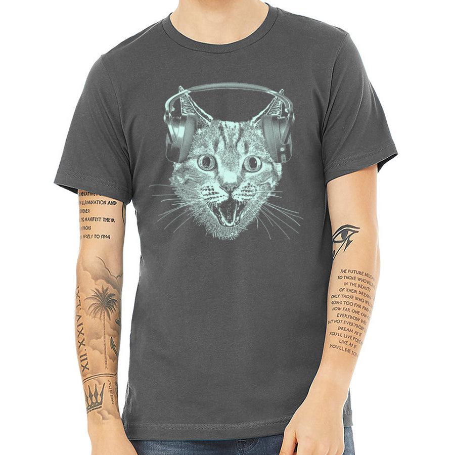 Cat Wearing Headphones Men's Tshirt- Cat DJ Shirt For Men and Boys- Music Lover Kitty Design- Funny Feline Graphic Tee