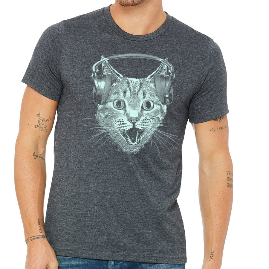 Cat Wearing Headphones Men's Tshirt- Cat DJ Shirt For Men and Boys- Music Lover Kitty Design- Funny Feline Graphic Tee