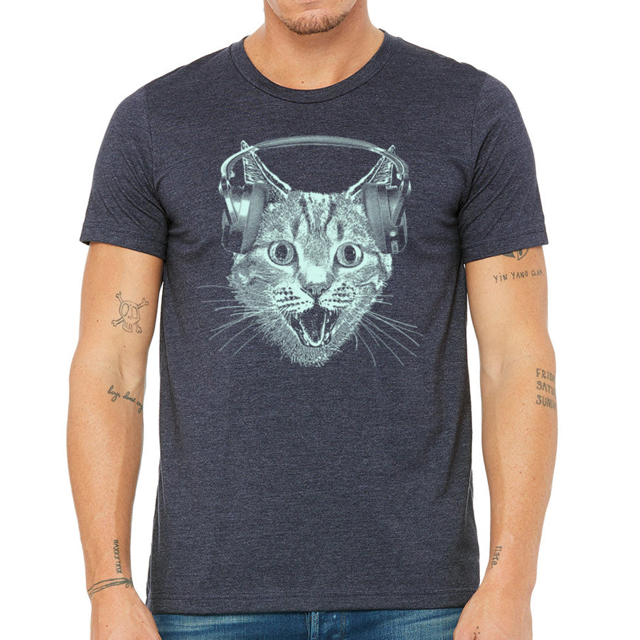 Cat Wearing Headphones Men's Tshirt- Cat DJ Shirt For Men and Boys- Music Lover Kitty Design- Funny Feline Graphic Tee