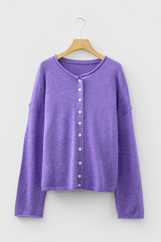 Solid Knit Button-Up Drop Shoulder Sweater Cardiga