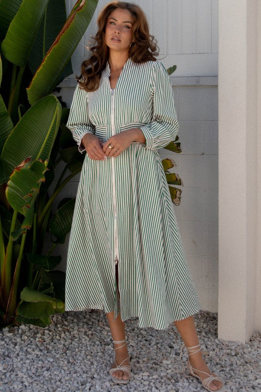 Stripe V-Neck Zip Front Midi Dress