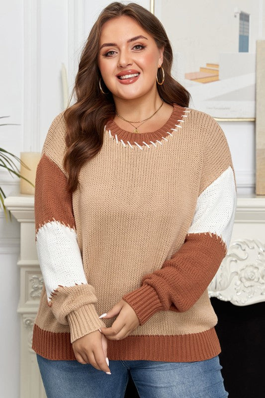 Plus Size Colorblock Knit Contrast Stitch Sweater