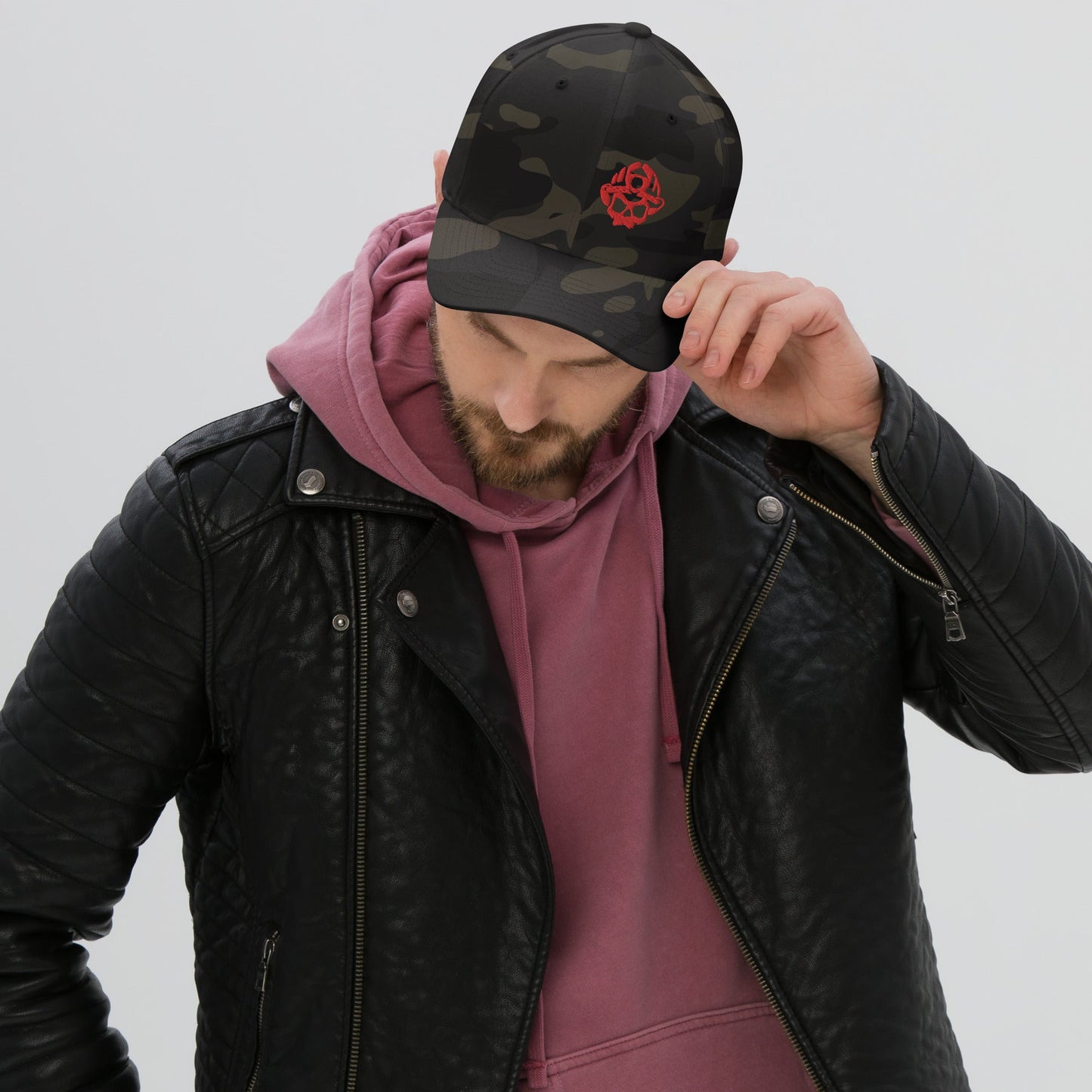 Red 3D Puff Skull Logo Flexfit Hat