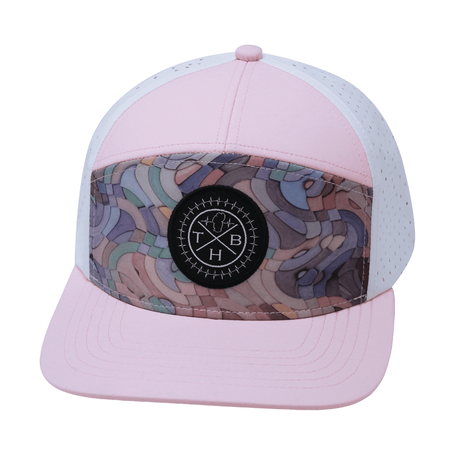 **ADULT** Color Vibes Hat - Flat Bill - Mosaic Curves - Light Pink / White - Laser Mesh