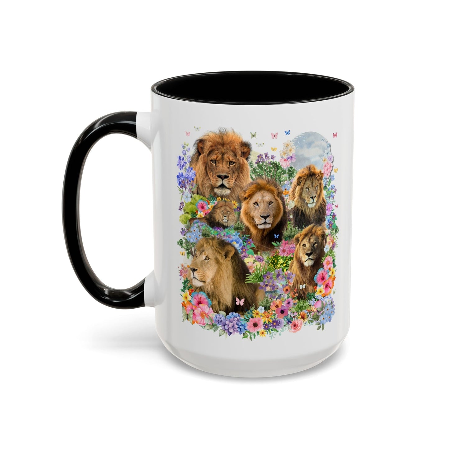 Colorful Big Cat Animal Lover Coffee Mug: Lions in Flowers
