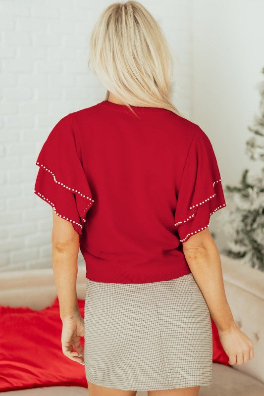 Solid Pearl Embellished Ruffle Sleeve Sweater