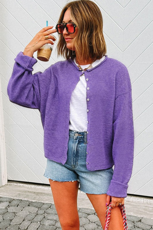Solid Knit Button-Up Drop Shoulder Sweater Cardiga