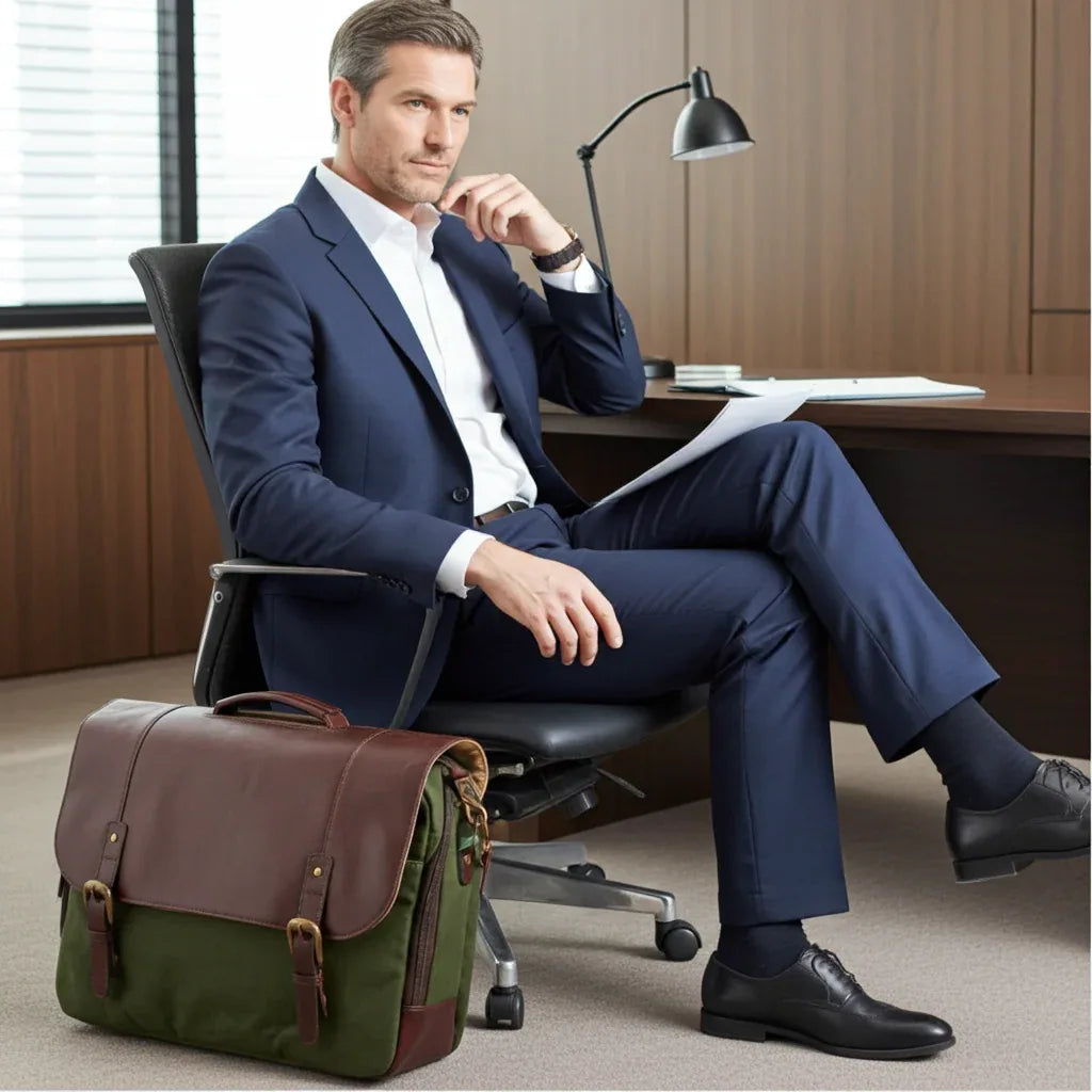 Maxwell Leather & Waxed Canvas Briefcase – Premium Laptop Bag & Canvas Briefcase