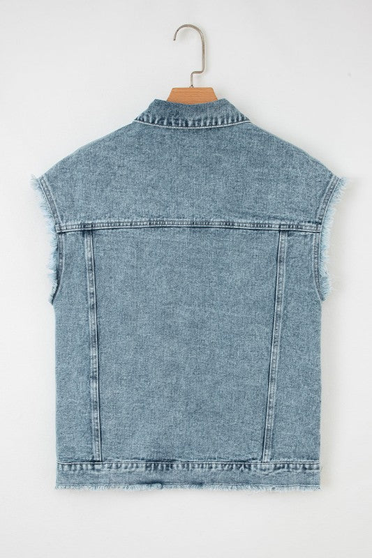 Denim Button Flap Pocket Frayed Vest