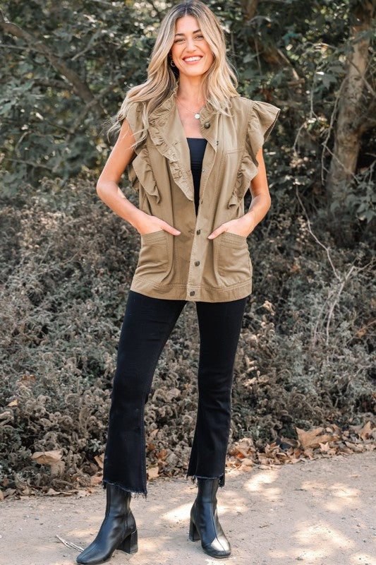 Denim Patchwork Ruffle Sleeve Jacket Vest