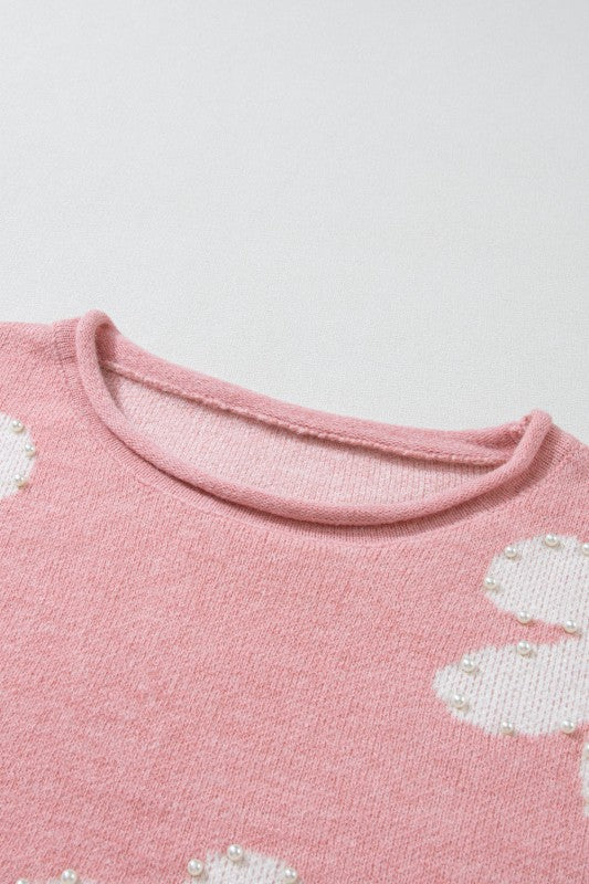 Valentine Heart and Floral Pearl Beaded Sweater