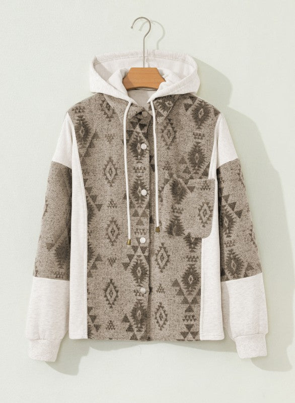 Western Aztec Colorblock Hooded Shacket
