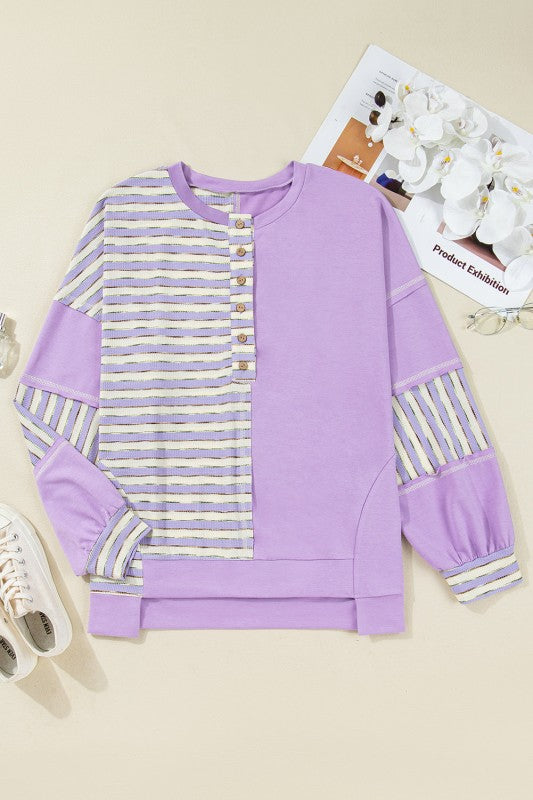 Plus Size Stripe Patchwork Drop Shoulder Pullover