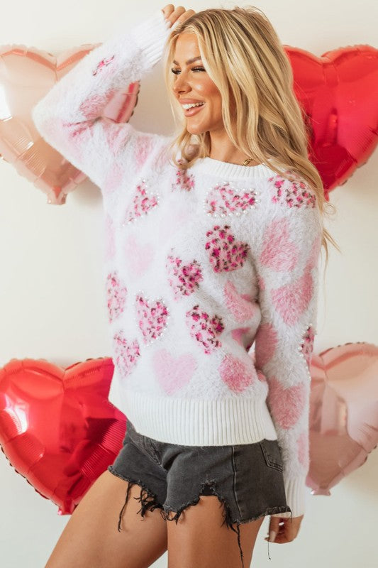 Heart Leopard Pearled Ribbed Trim Fuzzy Sweater