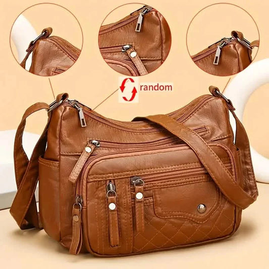 Fashion Multi Zipper Crossbody Bag, Soft Vegan Leather Shoulder Bag, Women's Multi Pockets Handbag Purse