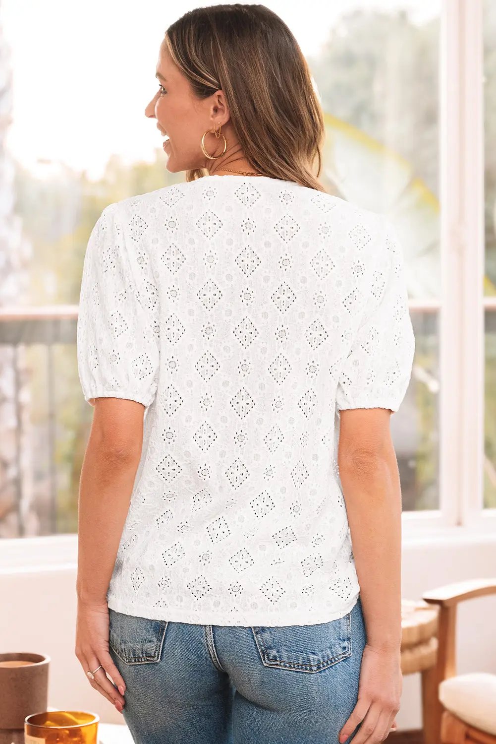 Women's Blouse Blouse - Lace Puff Sleeve Button Up - Bohemian Daily Top