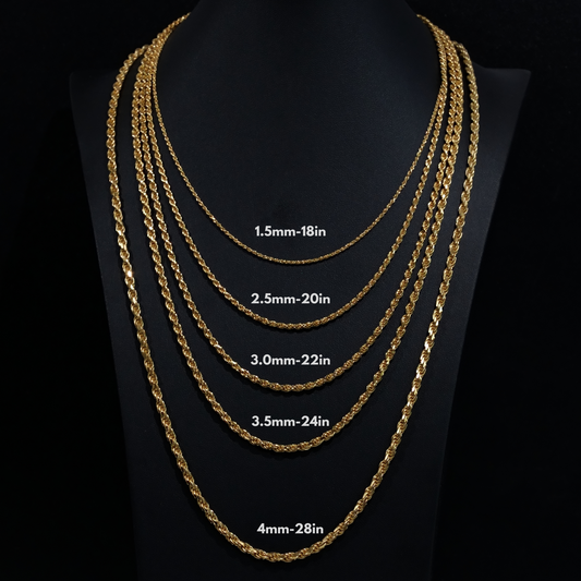 14K Gold Rope Chains in 925 Sterling Silver