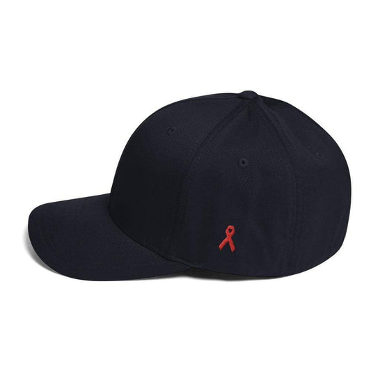 HIV/AIDS or Blood Cancer Awareness Fitted Hat with Red Ribbon on the Side