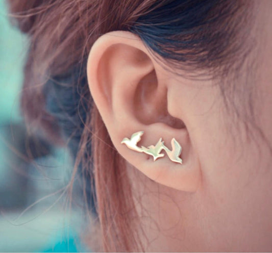 Gold Peace 3 Dove Stud Earrings ear climber olive branch baptism wedding dove Holy Spirit symbol of Sole and Holy Spirit Womans Girls Christian Jewelry