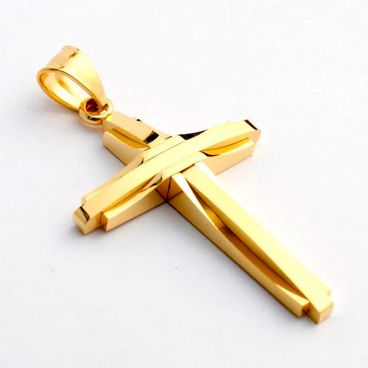 Gold Cross Mens Necklace Black 3 Layer Bars Boys Waterproof Stainless Steel Wheat Chain Catholic Crucifix Christ Orthodox Jesus