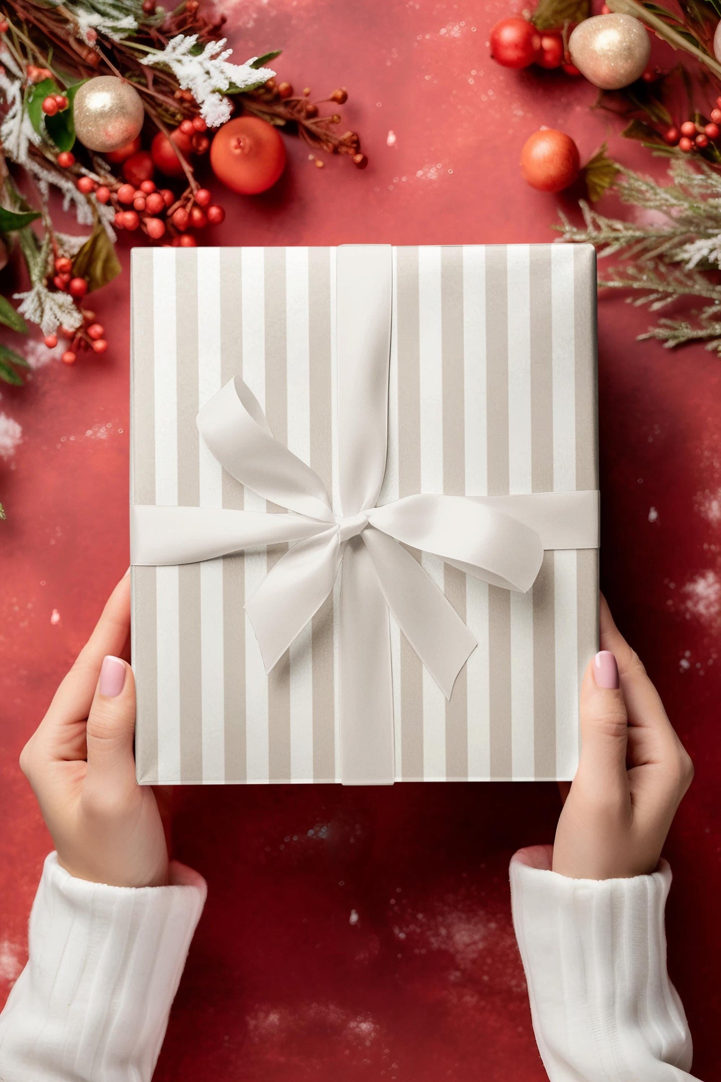 Beige Neutral Striped Holiday Wrapping Paper