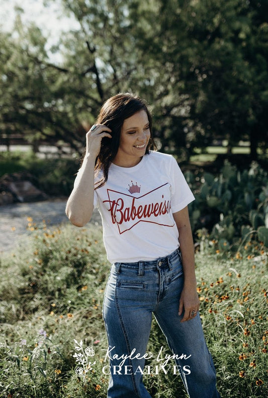 Babewiser Parody Logo Graphic on Gildan Softstyle White Shirt – Graphic Tee, Long Sleeve & Crewneck.
