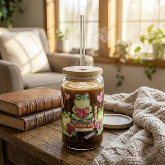 Watercolor Frogs Reading Sipper Glass