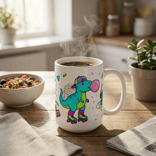 Retro Roller Dinos - T-Rex Bubblegum Pop - 15oz Mug