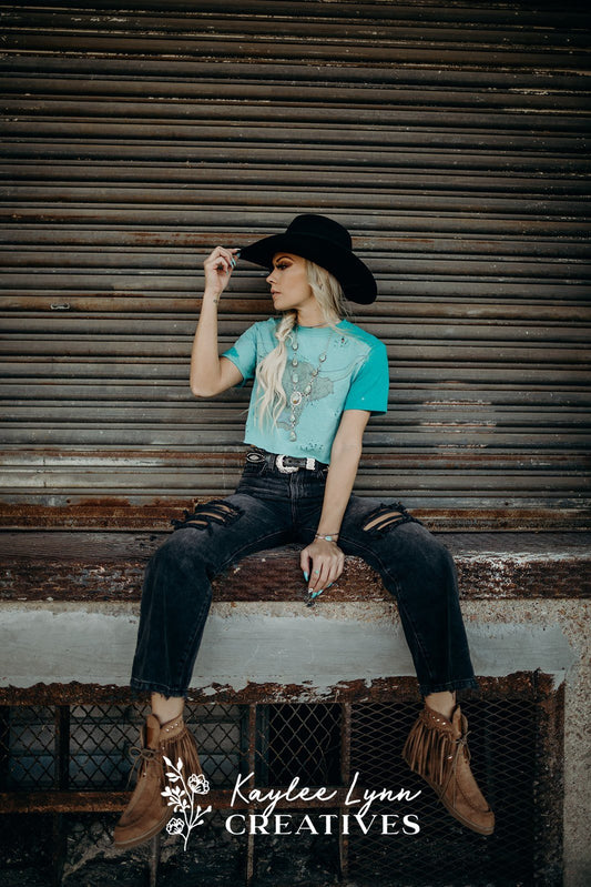 Bleached Distressed Highland Cow Crop Top Tee
