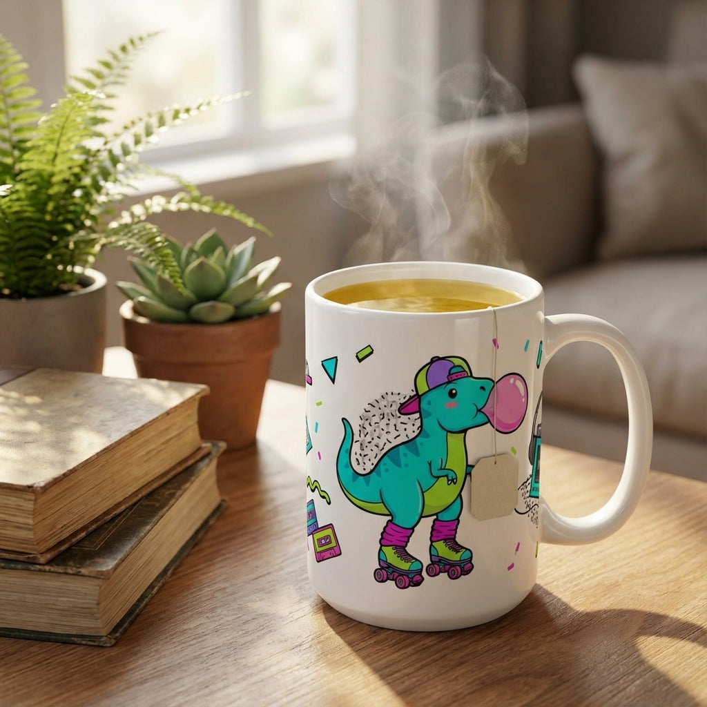 Retro Roller Dinos - T-Rex Bubblegum Pop - 15oz Mug