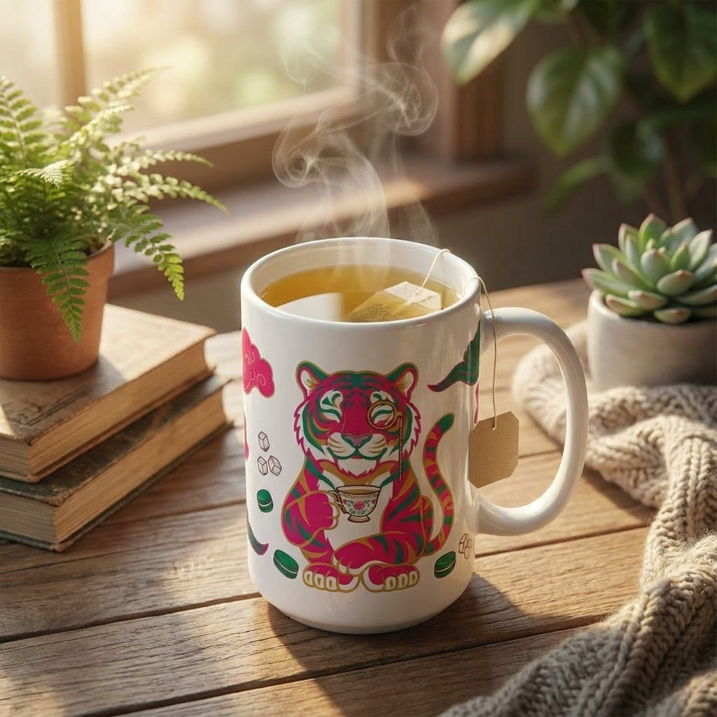 Mahjong Night Tigers - Tea Time Tiger - 15oz Mug