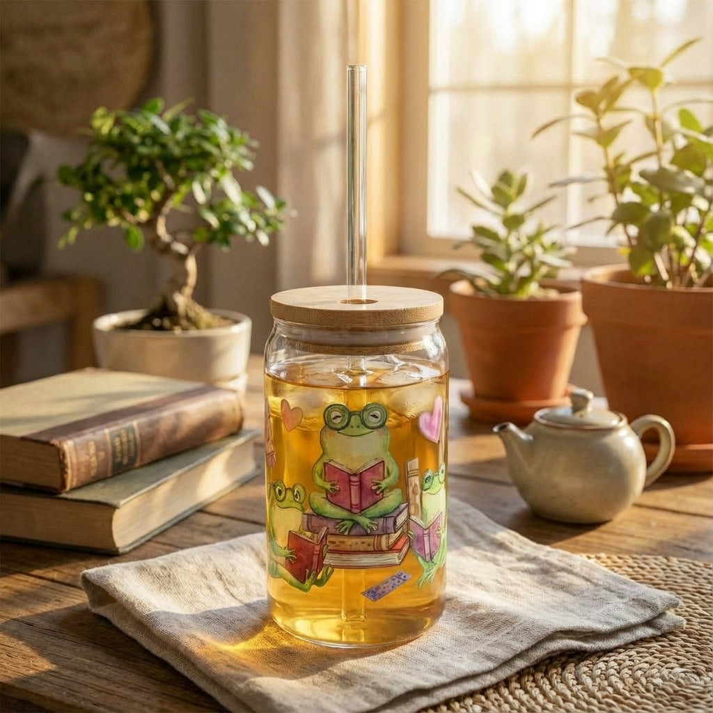 Watercolor Frogs Reading Sipper Glass