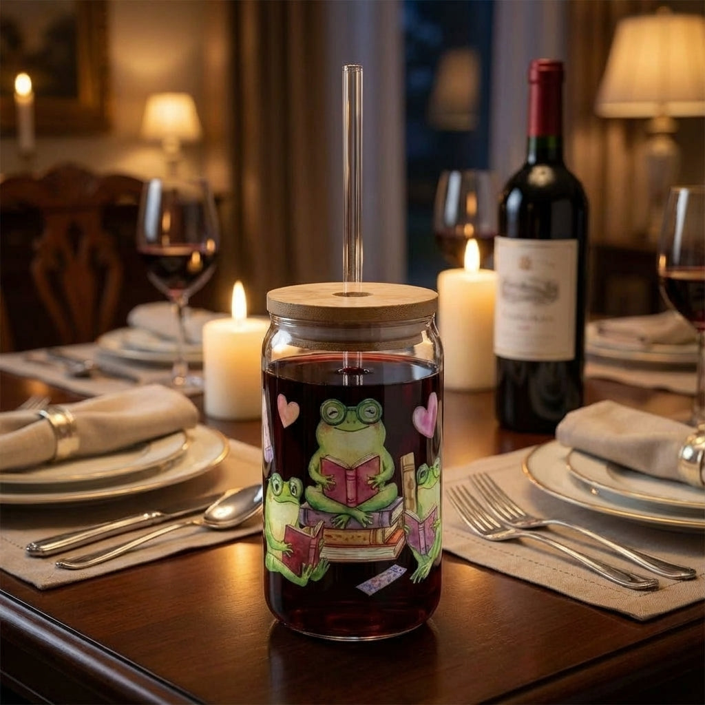 Watercolor Frogs Reading Sipper Glass