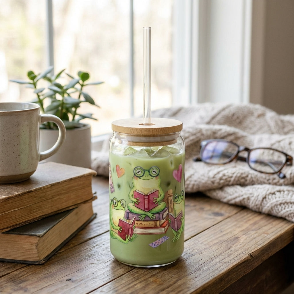 Watercolor Frogs Reading Sipper Glass