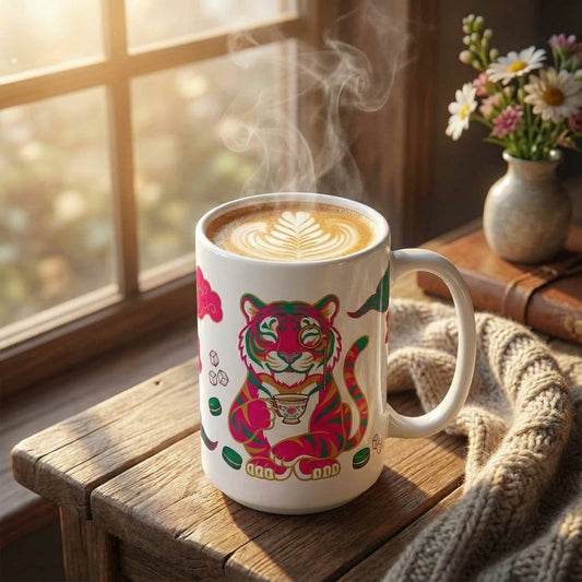 Mahjong Night Tigers - Tea Time Tiger - 15oz Mug
