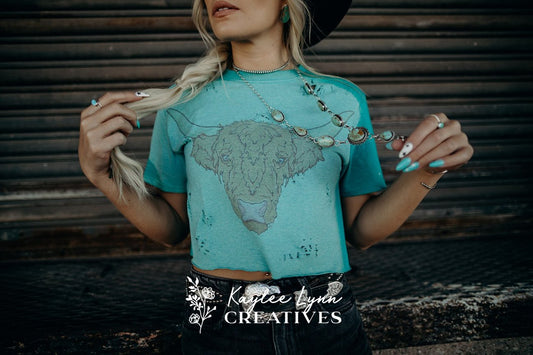 Bleached Distressed Highland Cow Crop Top Tee
