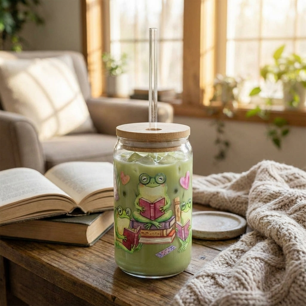 Watercolor Frogs Reading Sipper Glass
