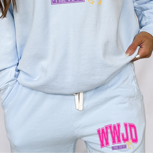 Kendall's Collection WWJD | Comfort Colors Bottoms Sweat pants Or Shorts| Inspirational Faith Shirts | Stylish Religious Apparel