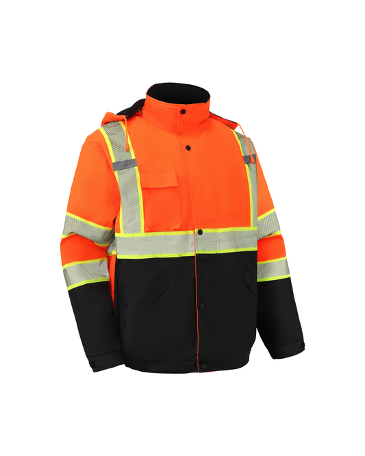 Kingstone High Visibility Hooded and Fleece Lined ANSI/ISEA 107-2020, Type R, Class 3 Two-Tone, Contrast Trimmed Orange Safety Jacket [R]