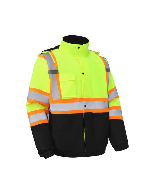 Kingstone High Visibility Hooded and Fleece Lined ANSI/ISEA 107-2020, Type R, Class 3 Two-Tone, Contrast Trimmed Neon Safety Jacket [R]