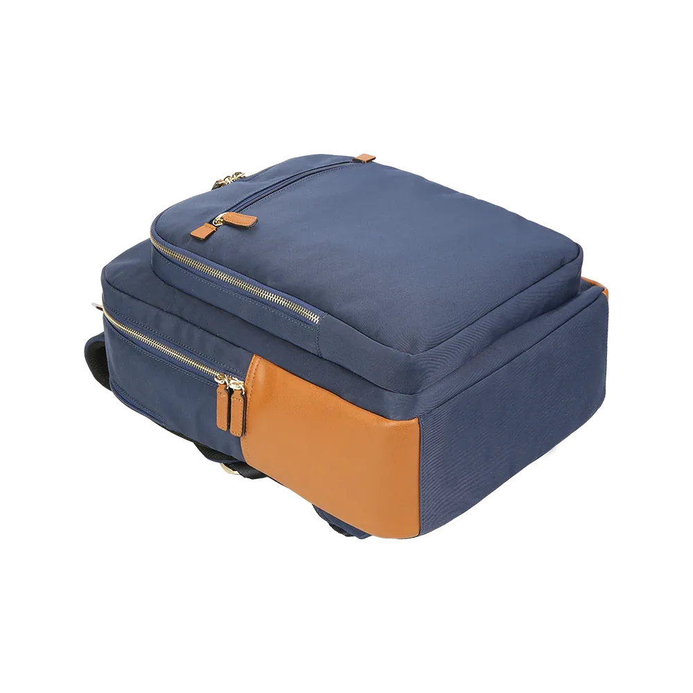 Nylon & Leather Laptop Backpack – Navy with Brown Trim (16")