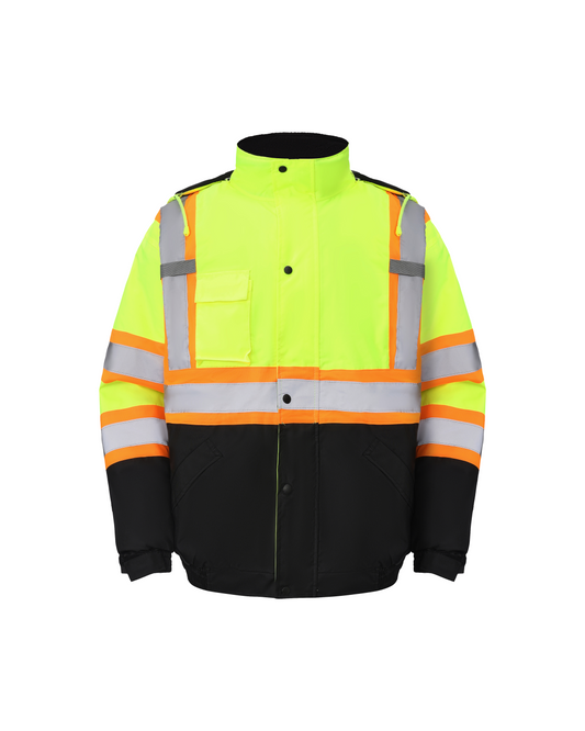 Kingstone High Visibility Hooded and Fleece Lined ANSI/ISEA 107-2020, Type R, Class 3 Two-Tone, Contrast Trimmed Neon Safety Jacket [R]