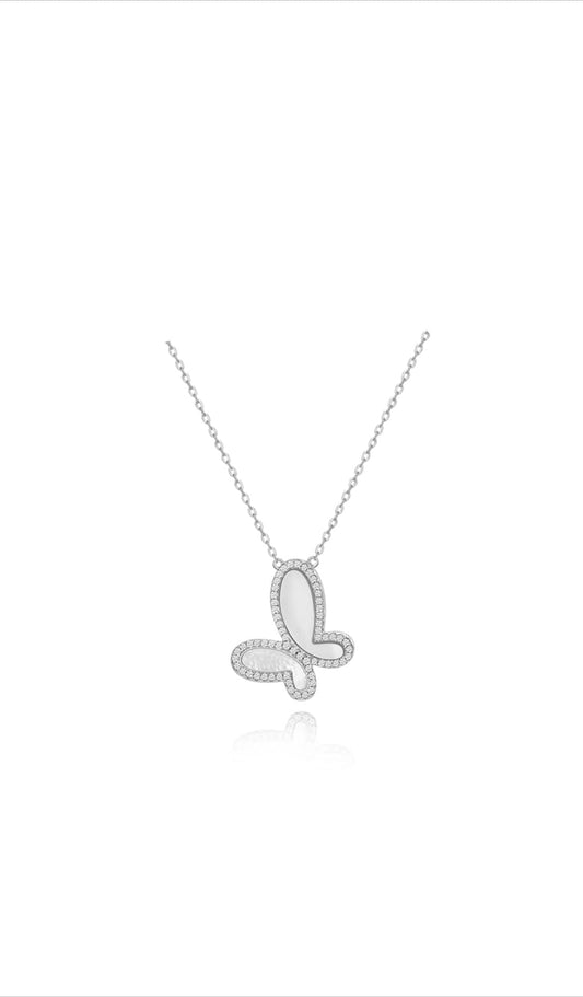 Silver Mother of Perl & Cubic Zirconia Butterfly Necklace Jewelry