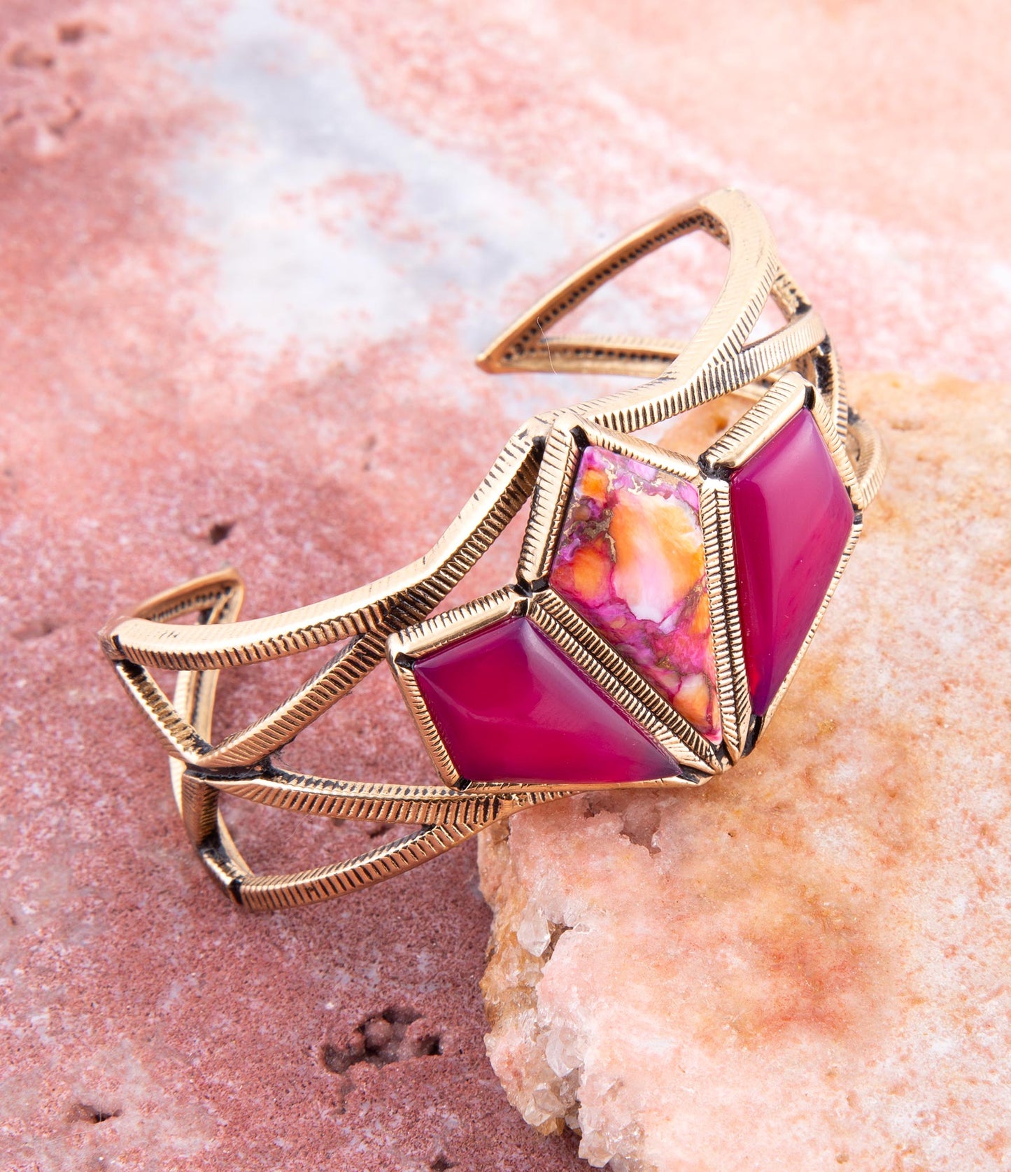 Pink Agate and Coral Matrix Golden Cuff Bracelet