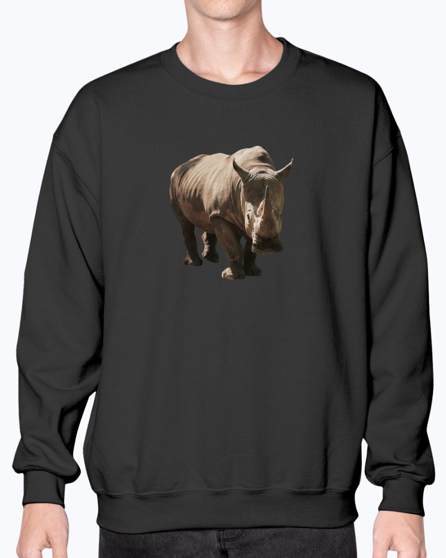Rhino's Stance, Animal Lover Gift, Wildlife Sweatshirt, Nature Apparel, Thoughtful Gift, Eco-Conscious Fashion, Moss Apparel, Unisex Crewneck Sweatshirt