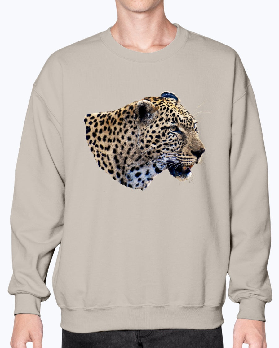 Leopard's Smile, Nature Lover's Cozy Apparel, cat lovers, wildlife fans, Moss Apparel, Unisex Crewneck Sweatshirt